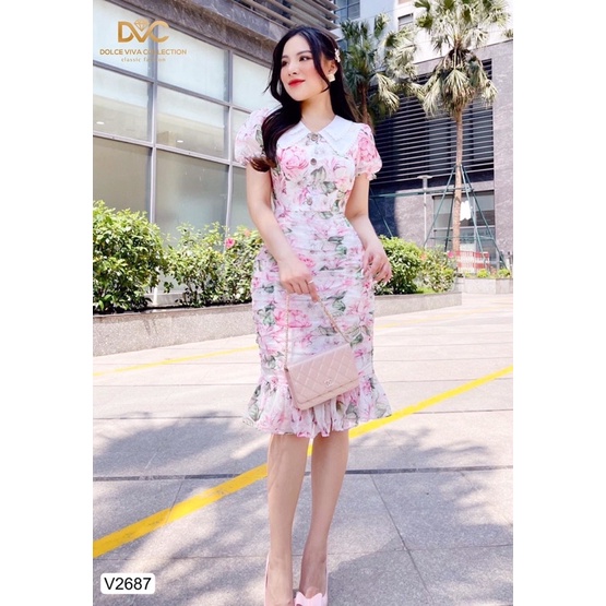 V2687 - váy body voan hoa hồng