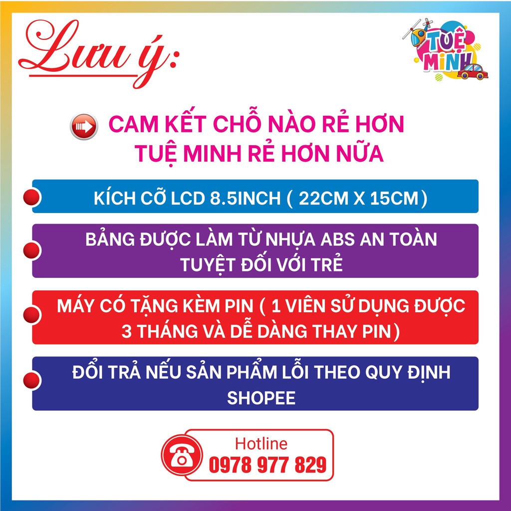 Bảng viết cho bé Tuệ Minh, đồ chơi giáo dục bảng LCD tự xóa giúp trẻ tập vẽ, tập viết hiệu quả 8.5 Inch.