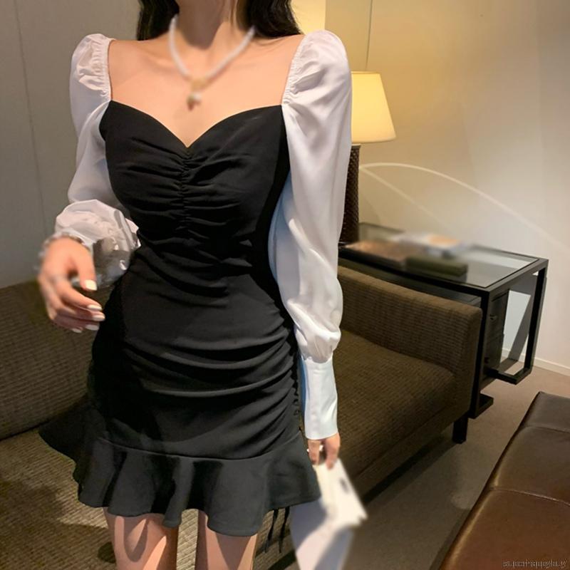 Đầm nữ đuôi cá tay phồng dài thời trang Retro