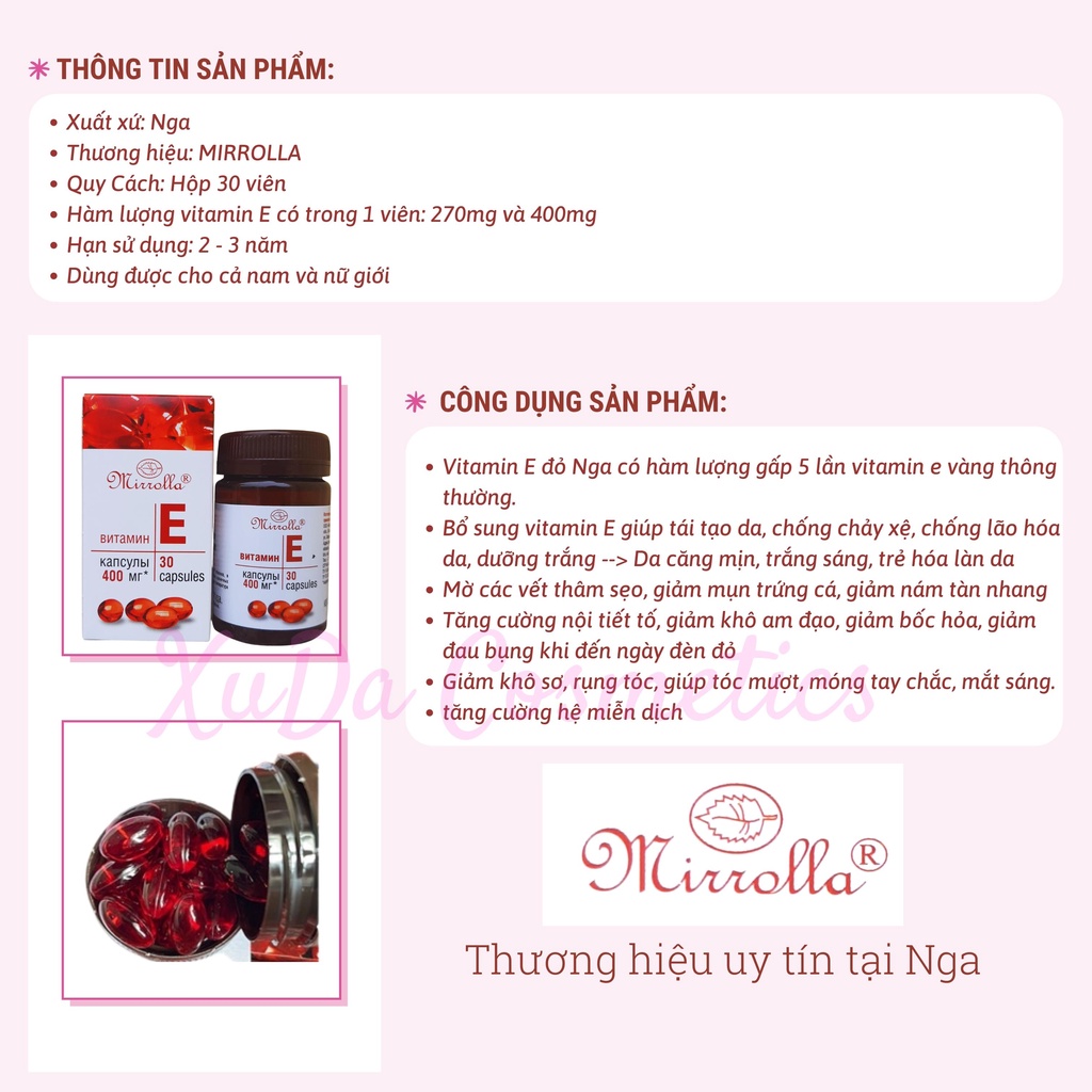 Vitamin E đỏ Nga vitamine Mirrolla hàm lượng 270mg 400mg mẫu mới lọ nhựa 30 viên