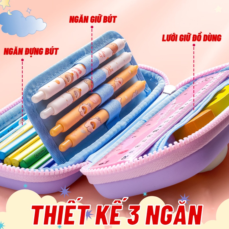 Hộp bút in nổi hoạ tiết 3D Sakawin, Dễ thương cute cho bé, dụng cụ chứa bút 3 ngăn cho học sinh, trẻ em