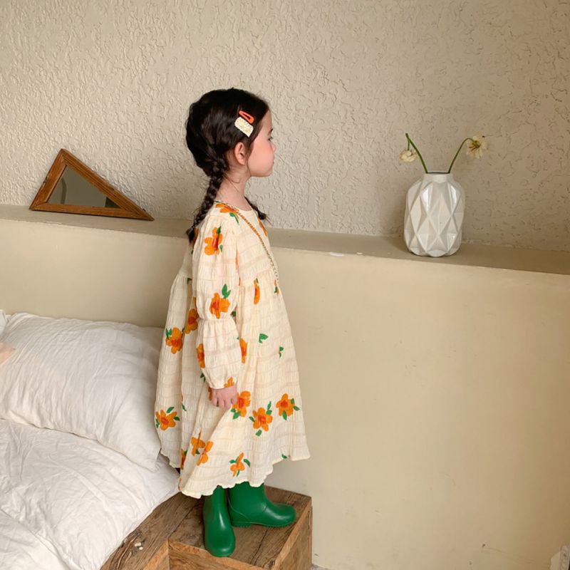 Đầm Maxi Xếp Ly Tay Dài In Hoa Se7en Cho Bé Gái