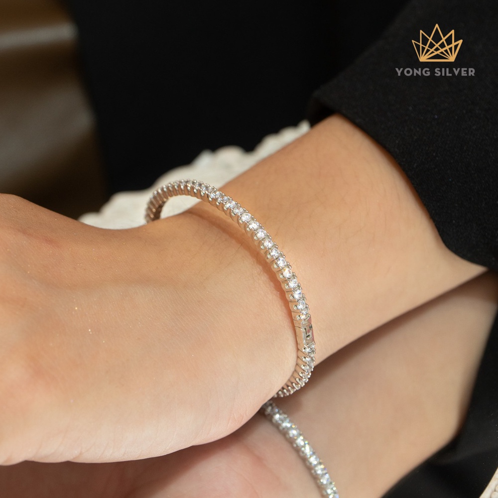 Vòng tay lắc tay nữ bạc 925 Yong Silver vành tròn cứng đính đá 3li sang trọng dạng tennis bangle
