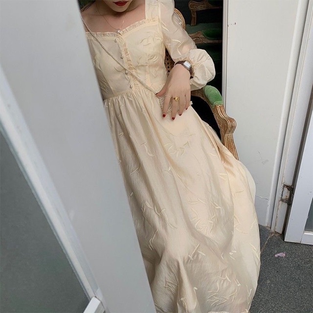 Order | Đầm tiểu thư dáng dài cổ vuông thêu hoa | BigBuy360 - bigbuy360.vn