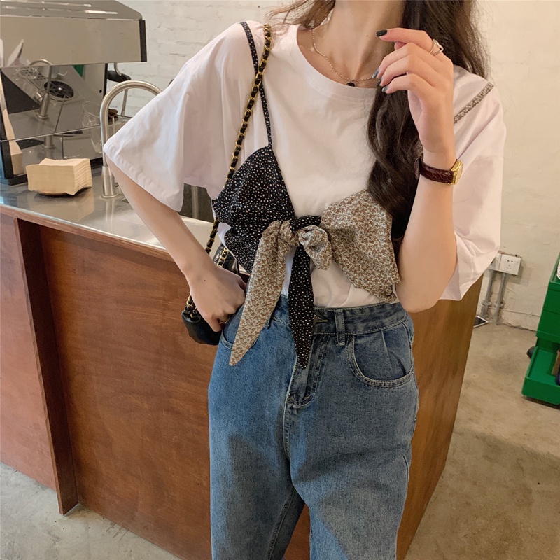 Áo thun ngắn tay dáng rộng phối nơ xinh xắn theo phong cách Hàn Quốc