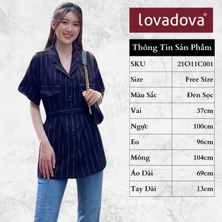 Áo sơ mi kiểu nữ, ngắn tay, cách điệu cổ áo vest, dây buộc eo, màu đen sọc - lovadova 21o11c001