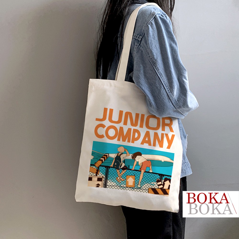 Túi Tote Vải Canvas In Hình Junior Company Có Khóa Miệng Túi