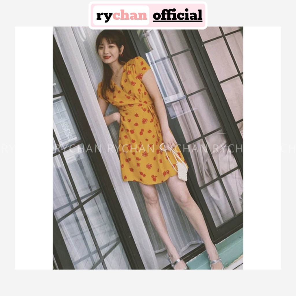 Đầm Xòe Đi Du Lịch Đi Biển Hoa Vàng Đắp Chéo Cột Eo - DX887