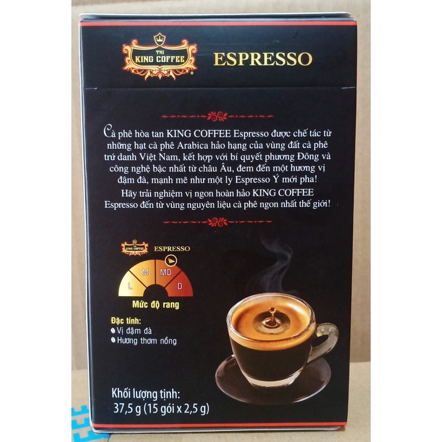 Cà Phê Đen Hòa Tan Espresso KING COFFEE - Hộp 15 gói x 2.5g - Arabica café hòa tan đậm hương vị cà phê Ý