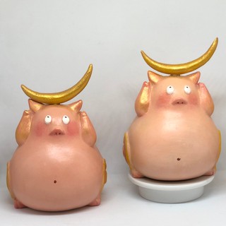 Tượng Gốm Thủ Công - Vẽ tay "Pig Moon" - Heo nhỏ nhặt Ánh Trăng Tri Thức -Tượng may mắn - Quà tặng