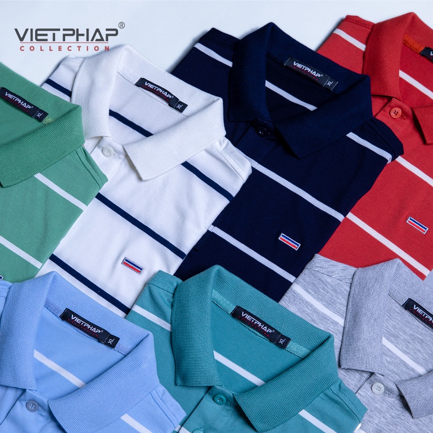 Áo Thun  Nam Tay Ngắn Sọc Cao Cấp  Việt Pháp 2012. Vải Cotton TC Thấm Hút Mồ Hôi, Chống Nhăn -HÀNG CHÍNH HÃNG
