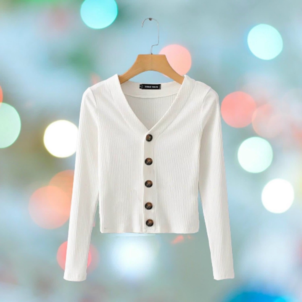 Áo thun gân cổ tim đính nút to ôm body tay dài croptop Mc