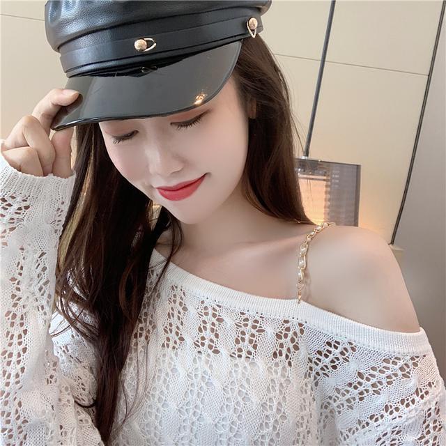 Áo Dệt Kim Tay Dài Trễ Vai Đính Ngọc Trai Phong Cách Quyến Rũ