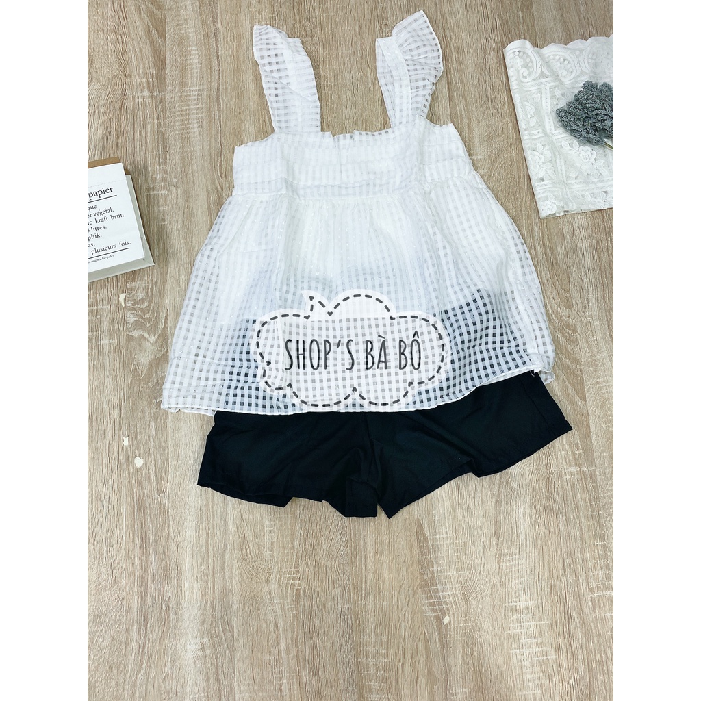 Set voan lưới lỗ cho nữ mặc đi chơi, áo tay cánh tiên, may tầng ở ngực áo, quần short có túi siêu xinh