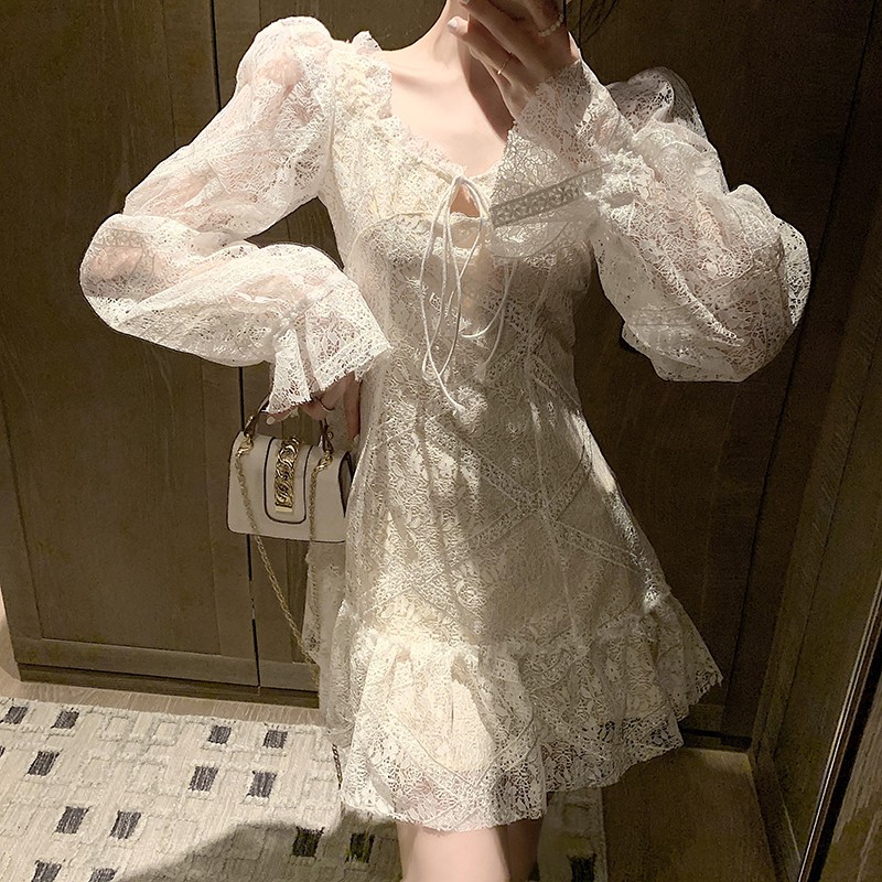 M65 - Đầm ren tiểu thư Ulzzang tay bồng thắt nơ ngực viền bèo siêu xinh