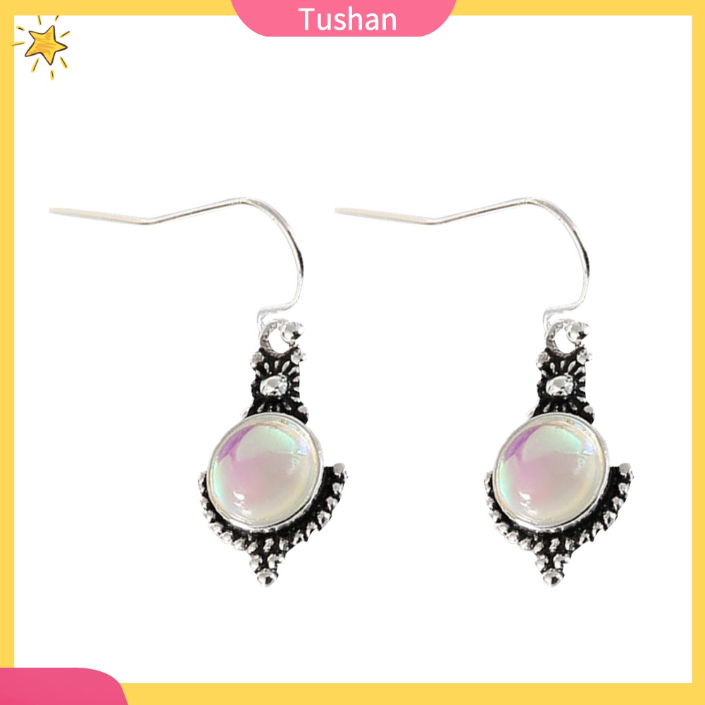 TUSH_Vintage Women Rainbow Color Faux Moonstone Gemstone Dangle Hook Earrings Jewelry