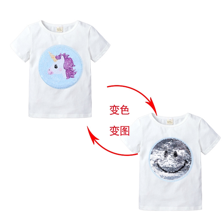 Áo thun MANVIN BABY tay ngắn in hình kỳ lân đính sequin lấp lánh thời trang mùa hè