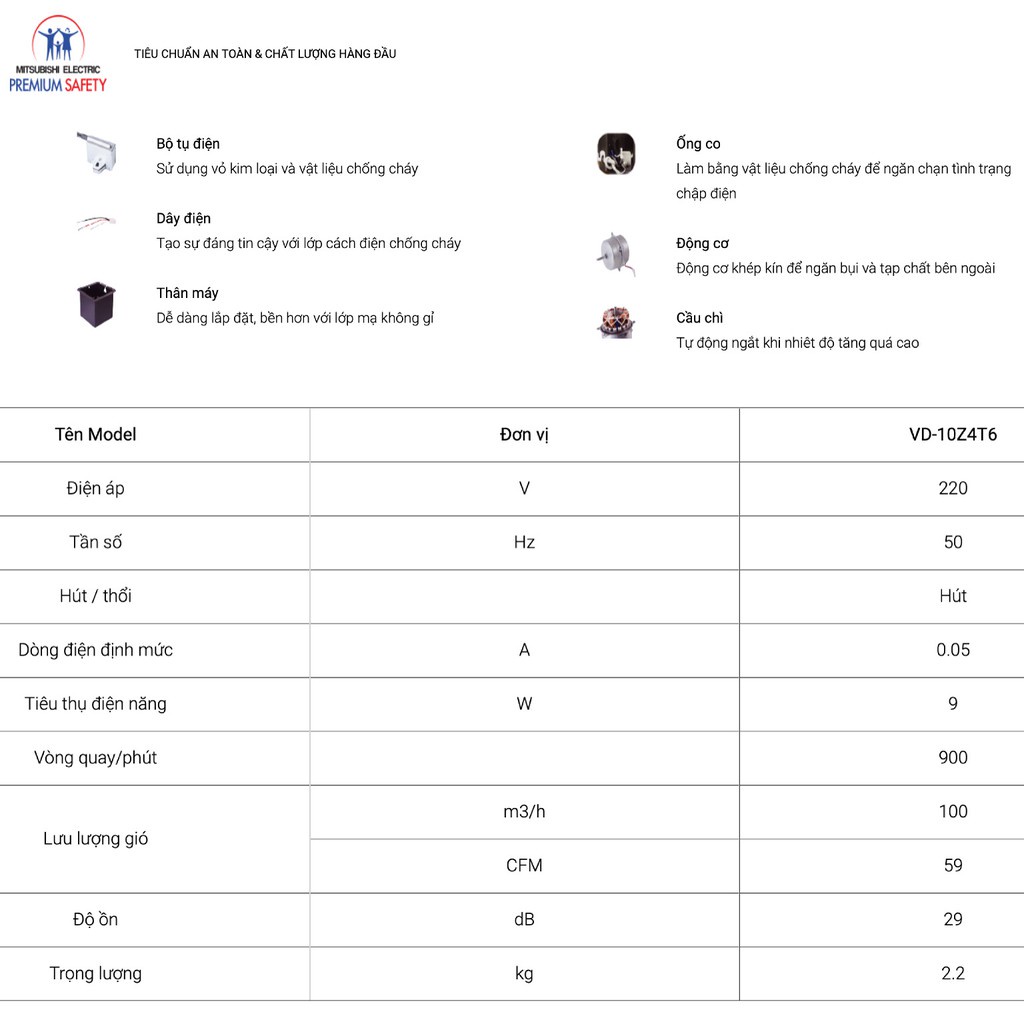 Quạt hút âm trần nối ống gió Mitsubishi VD-10Z4T6 Chính hãng bảo hành tại Mitsubishi