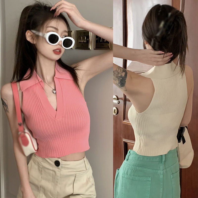 Áo Croptop Sát Nách Cổ Bẻ Quyến Rũ Thời Trang Hè Phong Cách Hàn Quốc Cho
