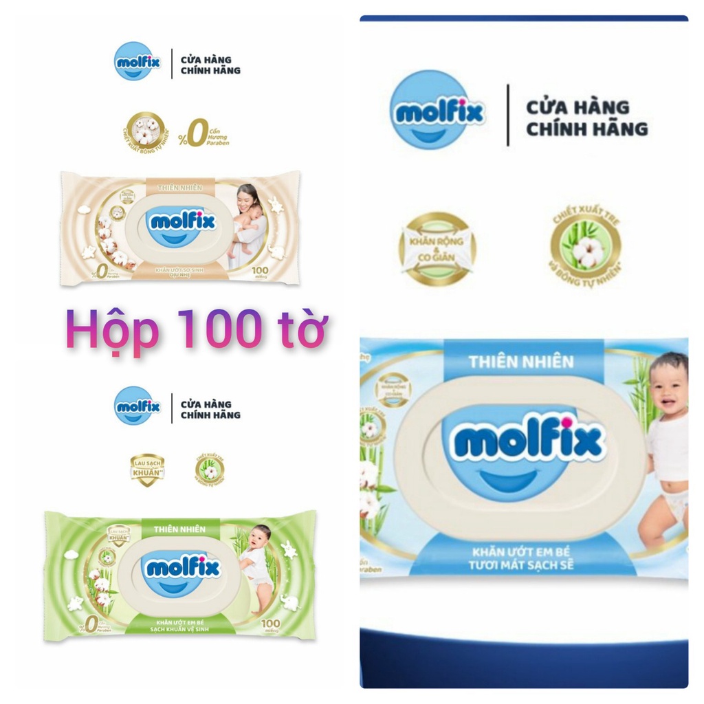 Combo 3 hộp khăn ướt molfix thiên nhiên ( hộp 100 tờ )