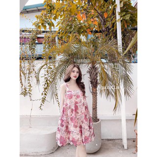 Váy voan hoa hồng (FREESHIP TOÀN QUỐC) Chất liệu voan siêu đẹp