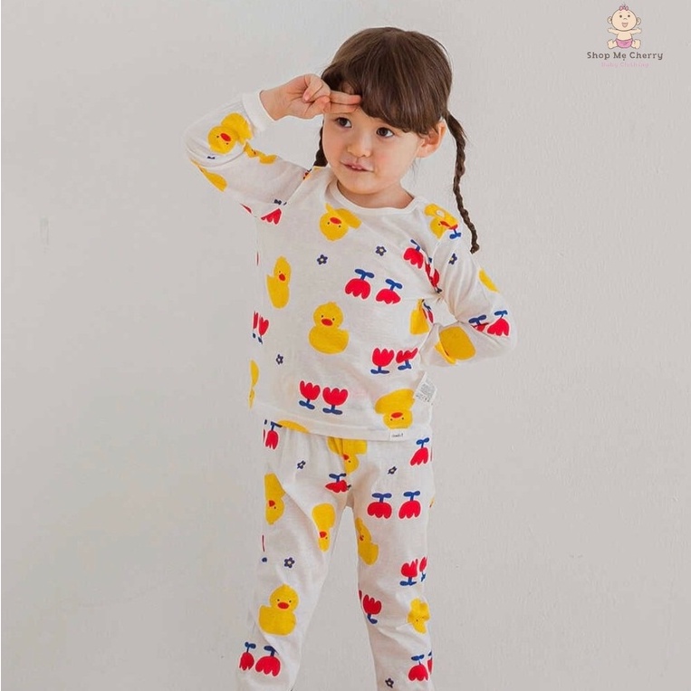 Bộ Dài Tay Cao Cấp Bé Gái Nội Địa Hàn Quốc Của Hãng Cordii, Chất Cotton giấy Organic Mẫu Vịt Vàng