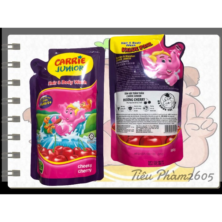 Bịch Sữa Tắm Gội cho bé Carrie Junior Hương Cherry