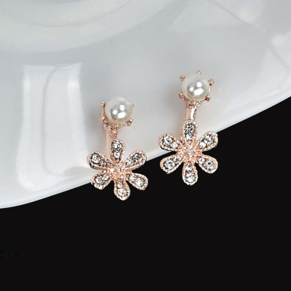 Khuyên kẹp vành tai không xỏ lỗ màu bạc/vàng kim thiết kế hoa đính đá phối ngọc trai giả