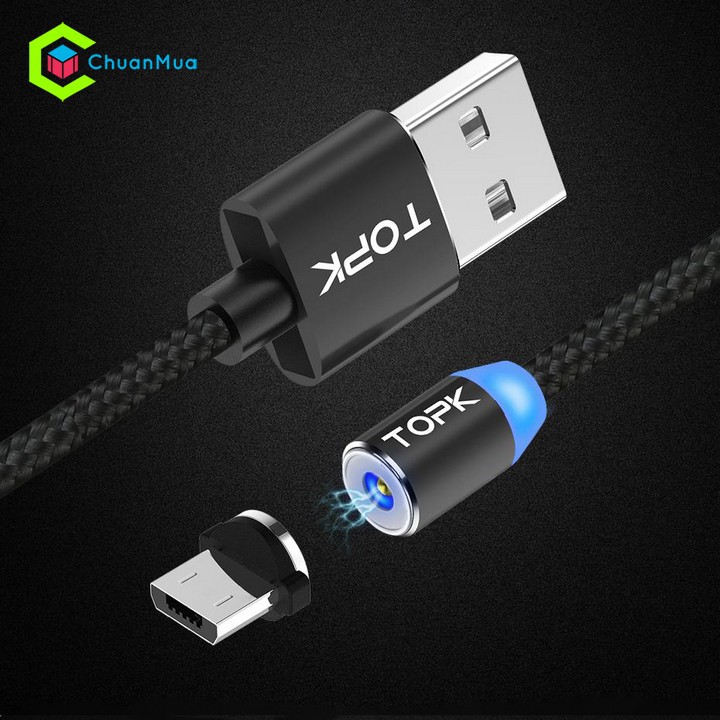 Cáp sạc từ hút nam châm 3 Đầu Micro USB / iPhone / Type C Dây Bọc Dù Siêu Bền Có Đen LED Cao Cấp, Tốc Độ Ổn Định