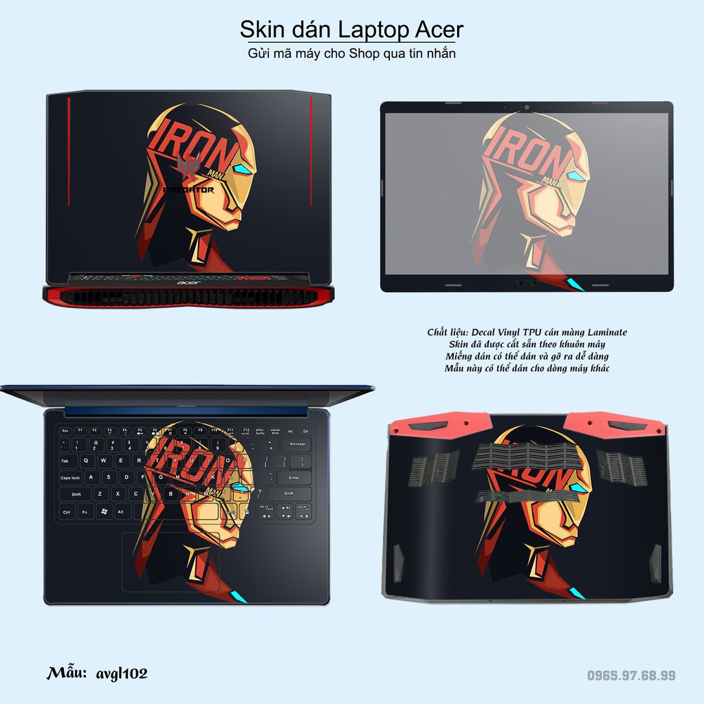 Skin dán Laptop Acer in hình iron man - Avenger - avgl102 (inbox mã máy cho Shop)