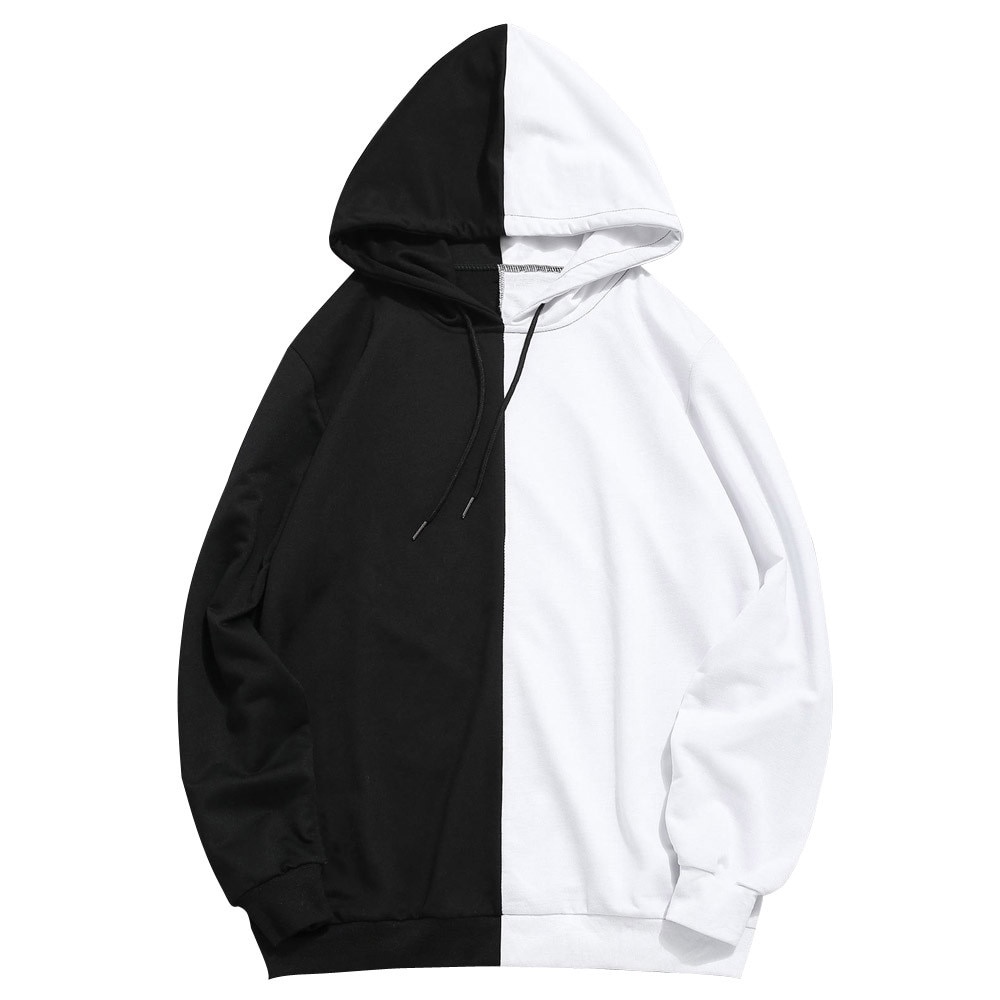 Áo Hoodie cotton Tay Dài Nửa Màu Trắng Đen Cá Tính Cho Nam