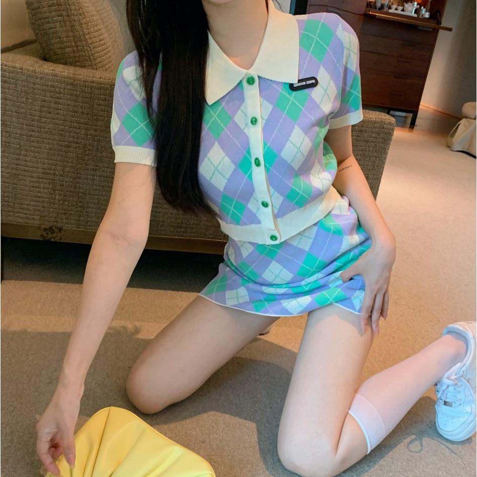 HUANG YOYO Set Áo Len Ngắn Tay Và Chân Váy Caro Thời Trang Nữ