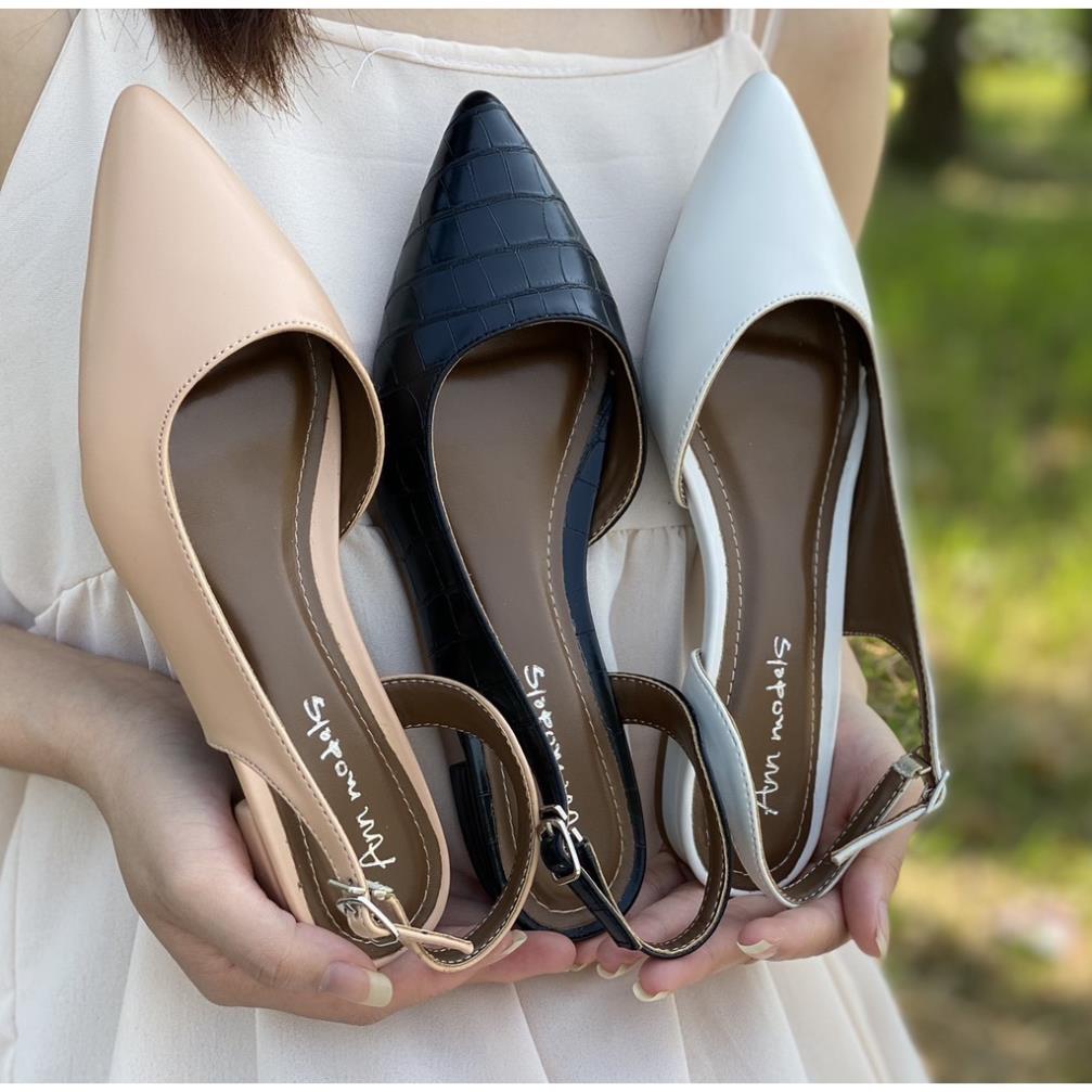 Giày cao gót Annmodels slingback khoét eo mũi nhọn phối dây hở gót cao 2cm _Min331 ✔️