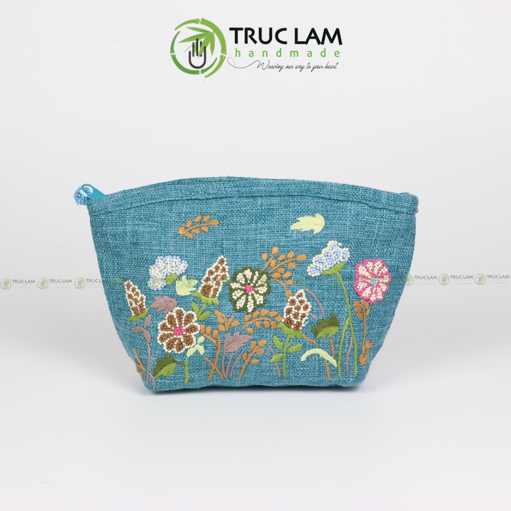 Ví Cầm Tay Nữ Vải Gai Họa Tiết Hoa Cỏ Sa Hạt Thêu Tay 2 Mặt - Trúc Lâm Handmade