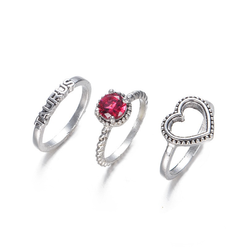 Bộ 3 Nhẫn Trái Tim Đá Ruby Phong Cách Bohemian