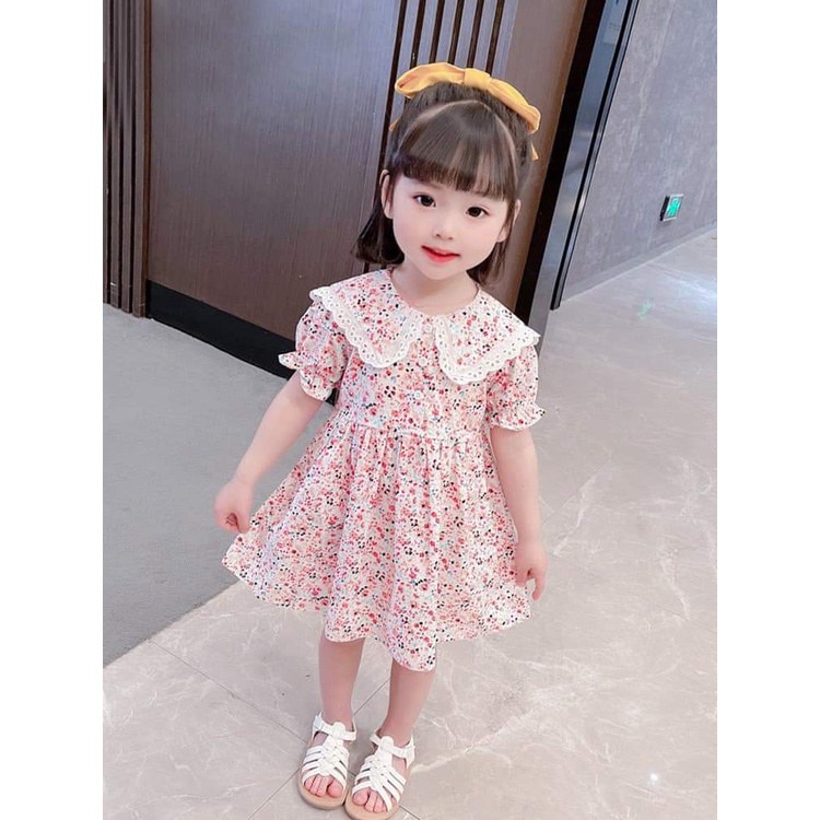 Váy hoa nhí cổ phối ren điệu đà xinh yêu cho bé gái