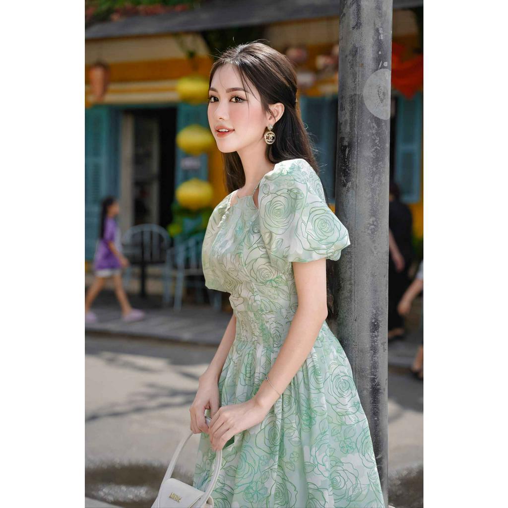 Đầm công sở Lamia Design LD189 xếp phồng phối bèo nhún màu xanh họa tiết quyến rũ