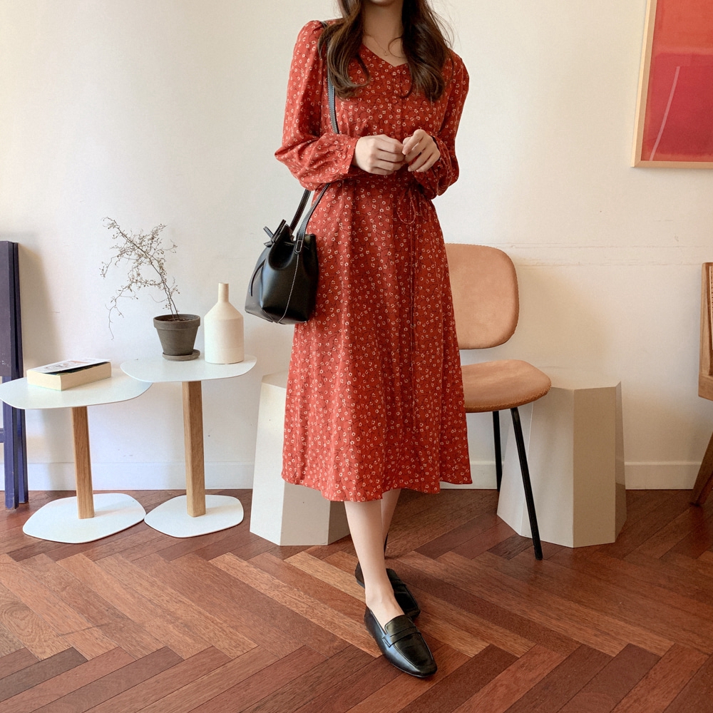 SUXI Đầm tay dài hoạ tiết hoa phong cách Hàn Quốc