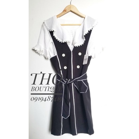 Set đầm yếm vest vintage ZARA đen phối áo sơ mi tay ngắn cổ viền ren đũi xô trắng kèm belt