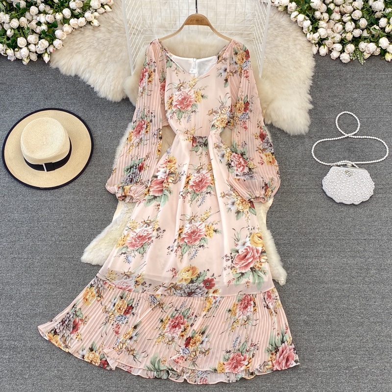 Đầm tay dài chất voan hoa nhí có lớp lót trong freesize 5 màu xếp ly nhẹ nhàng