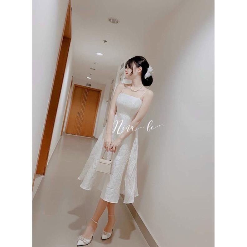 T105 Đầm xòe 2 dây có mút ngực dự tiệc cách điệu gấm hoa tapta đỏ trắng tinh khôi váy cưới tết du xuân
