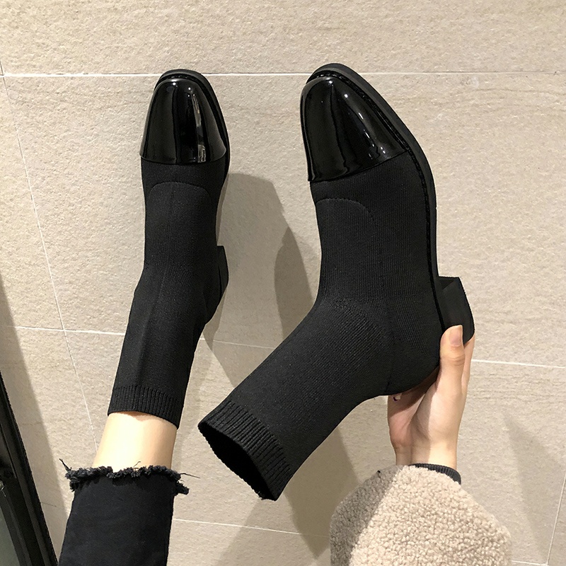 Bốt Len Phối Da Bóng Cổ Thấp Đế Vuông 3p Năng Động | Giày Boot Len Cao Gót 3cm, Cổ Lửng Ulzzang Hàng Quảng Châu Cao Cấp