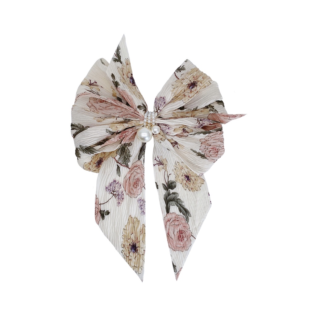 Kẹp tóc hình nơ đính hạt ngọc trai phong cách Hàn Quốc