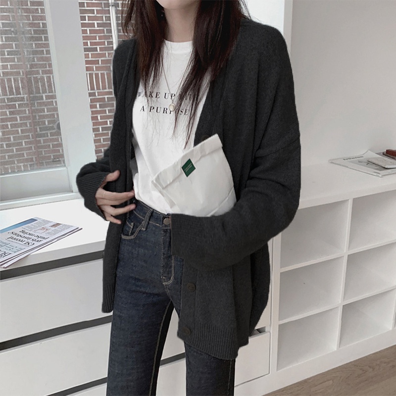 Áo Khoác Cardigan Dệt Kim Tay Dài Dáng Rộng Đơn Giản Dễ Phối Đồ