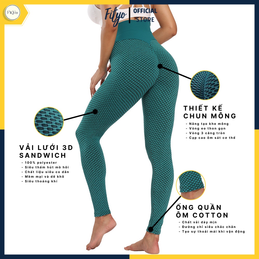 Quần tập gym nữ yoga FITYO FY04 cạp cao chun mông tôn dáng vải legging 3D co dãn 4 chiều thoáng mát màu xanh cổ vịt