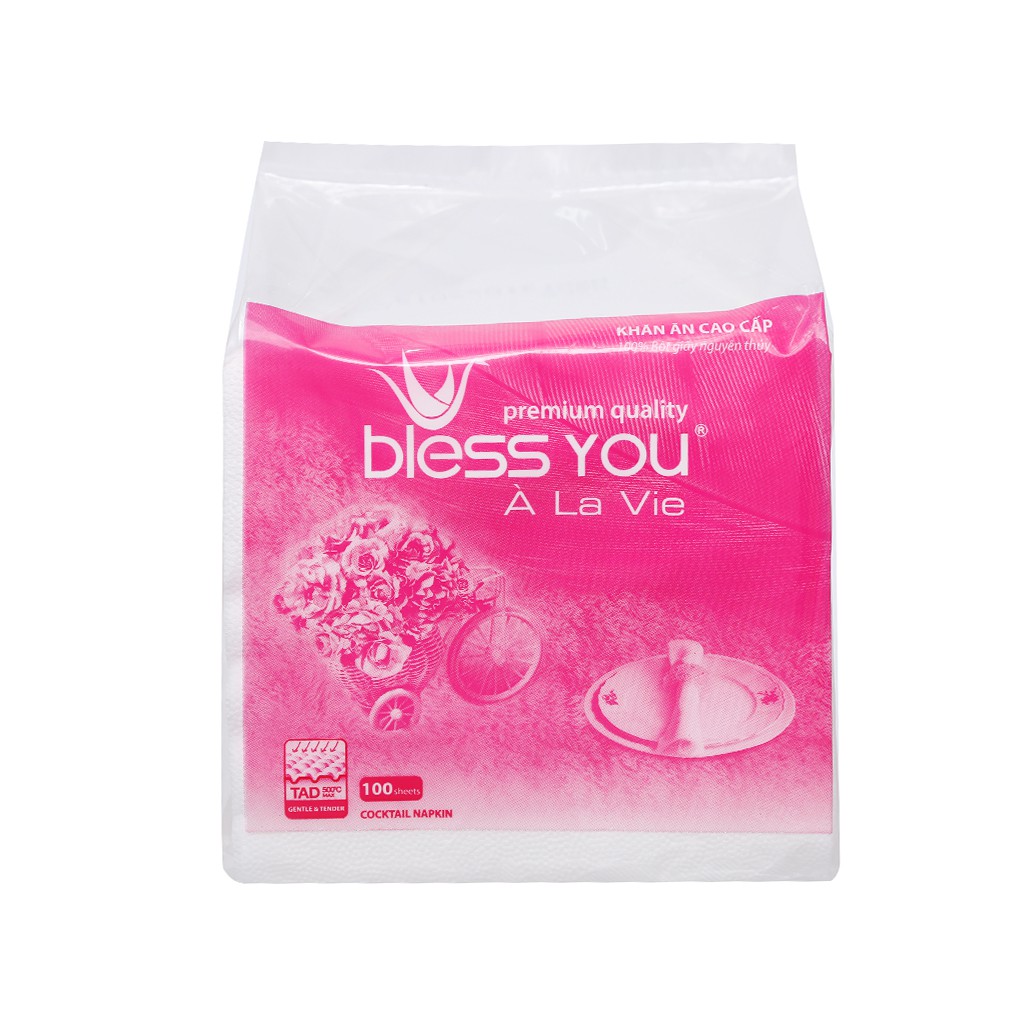 (10 gói) Khăn giấy ăn Bless You À La Vie 1 lớp gói 100 tờ 23cm x 23cm ( vuông nhỏ )