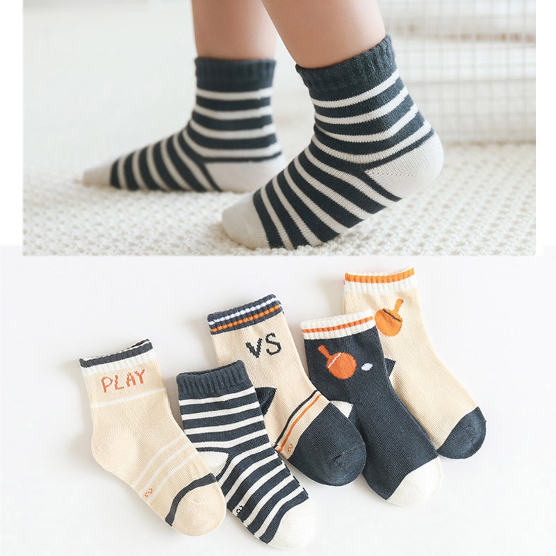 Set 5 Đôi Vớ Cotton Kẻ Sọc Họa Tiết Hoạt Hình Cho Bé