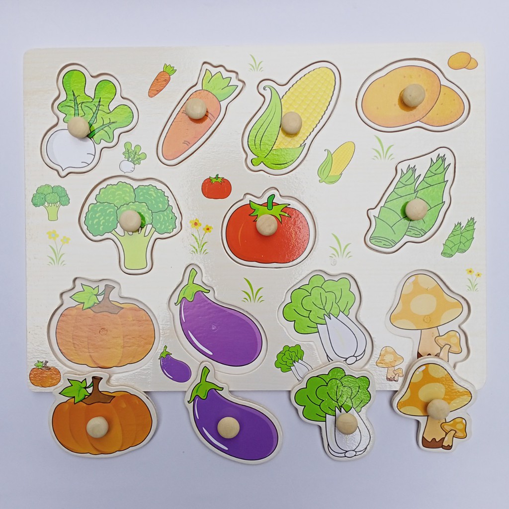 Bảng núm gỗ IQ VIỆT chủ đề rau củ, bảng gỗ dày, bền kích thước 30 x 22,5 x 0,5