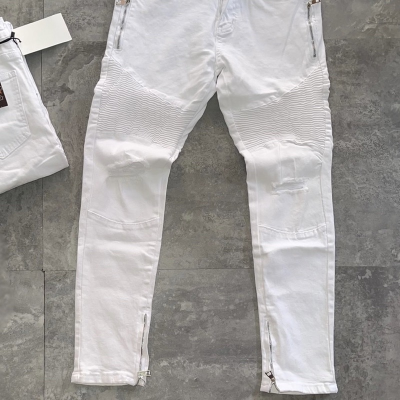 Quần bò trắng Nam vải nhăn rách gối phối khoá zip dọc đùi ống QJ66P