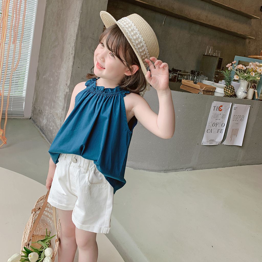 Áo không tay cổ tròn màu sắc đơn giản phong cách Hàn Quốc thời trang xinh xắn cho bé gái